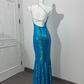 Lake Blue Sequin Spaghetti Strap Sexy Fitted Waist Bodycon Prom & Evening Dress gh7231