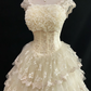 Light Apricot Lace Long Vintage Romantic Gown, Fitted Waist, Fluffy Tiered Skirt, Wedding Dress & Bridal Gown gh8175