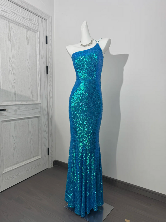 Lake Blue Sequin Spaghetti Strap Sexy Fitted Waist Bodycon Prom & Evening Dress gh7231