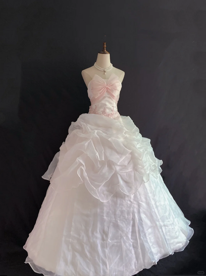 Blush Pink Strapless Romantic Gown With Bow Details, Cinched Waist & Voluminous Princess Skirt, Wedding Dress, Bridal Gown gh8260
