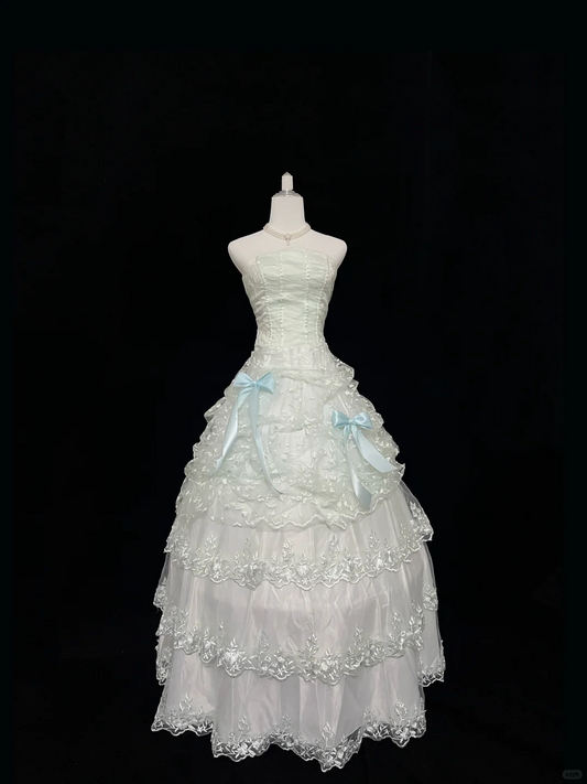 Light Green Fresh Strapless Cinched Waist Voluminous Princess Skirt With Lace Trim Romantic Dress, Wedding Gown gh8041