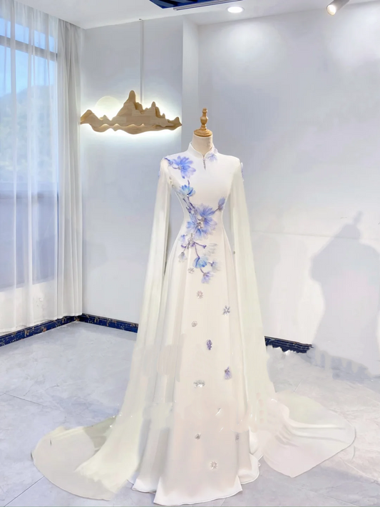 Elegant White Waist-Cinched Fitted Long Evening Dress with Blue Print, Fairy Gown, Romantic Gown gh7422
