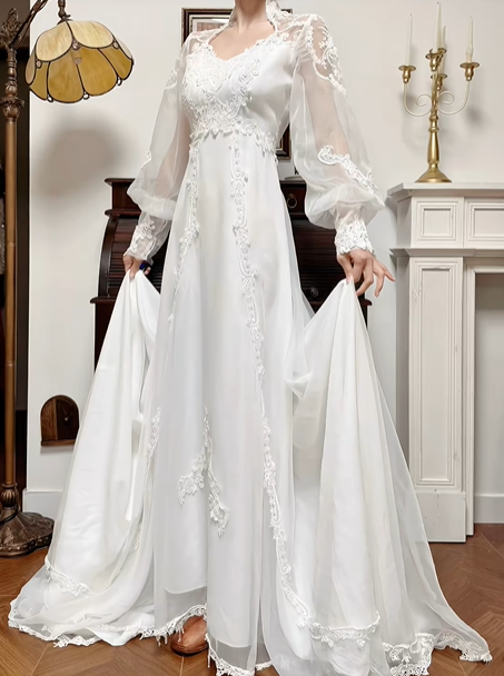 Ivory Vintage Sheer Chiffon Wedding Dress, Puff Bishop Sleeve Bridal Gown gh8744