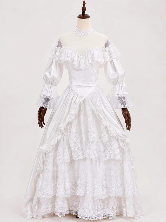 White Vintage Rococo Ball Gown, Off‑Shoulder Ruffle Neck Puff Long Sleeve Detachable Lace High Collar Multi‑Layer Lace Cake Skirt Satin Formal Dress gh9084