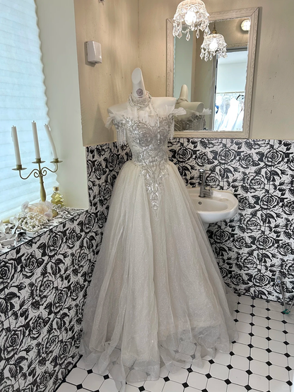 Ivory Gown With Silver Sequins, Vintage Luxury Waist-Cinched Full Flared Long Romantic Dress, Wedding Gown gh7716
