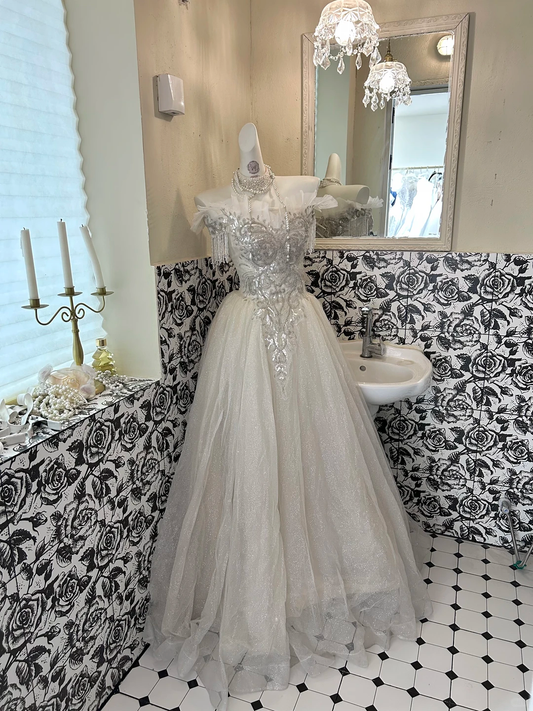 Ivory Gown With Silver Sequins, Vintage Luxury Waist-Cinched Full Flared Long Romantic Dress, Wedding Gown gh7716
