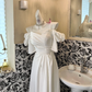 White Spaghetti Strap Off-the-Shoulder Waist-Cinched Elegant Vintage Romantic Dress, Wedding Gown gh7582