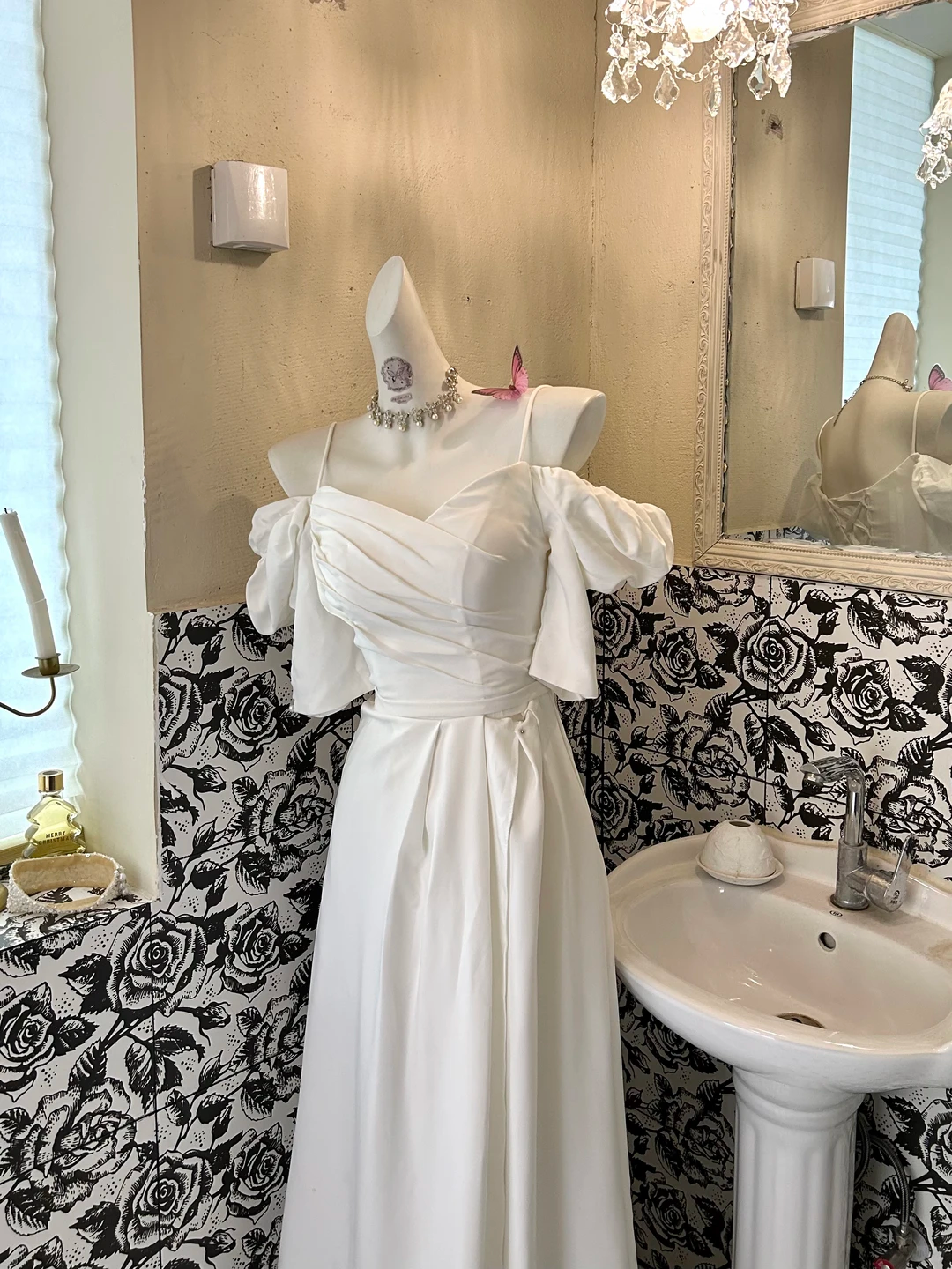 White Spaghetti Strap Off-the-Shoulder Waist-Cinched Elegant Vintage Romantic Dress, Wedding Gown gh7582