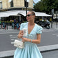 Girlhomeshops-Light blue fashionable V-neck A-line puff sleeve short satin homecoming dress birthday dress gh5289