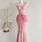 ✨Girlhomeshops-Ruffle Strap Pink Lace Corset Mermaid Prom Gown gh10210