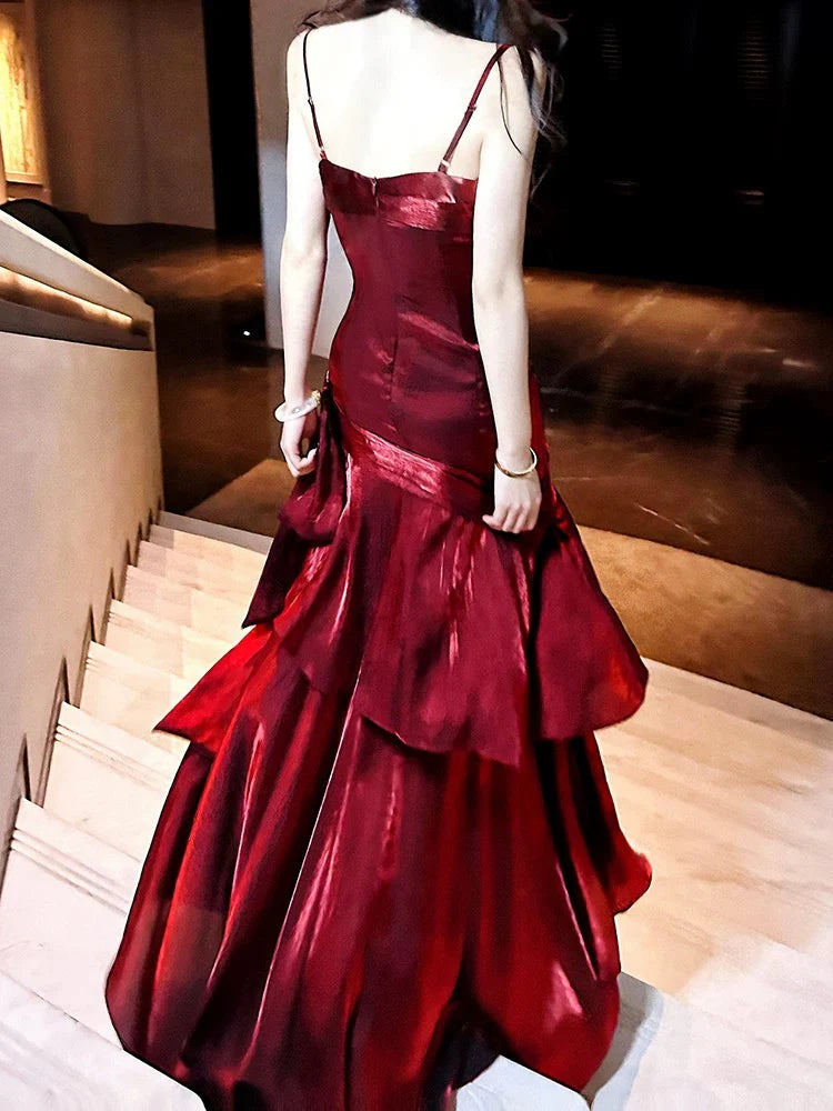 Robe de soirée longue à volants, style chic bordeaux/vert, gh4318