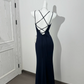 Navy Blue Spaghetti Strap V-Neck Fitted Waist Slim Slit Sexy Prom & Evening Dress gh7232
