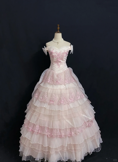 Blush Pink Off‑the‑Shoulder Romantic Wedding Dress, Cinched Waist, Embroidered Vintage Elegant Tiered Cake Skirt gh8307