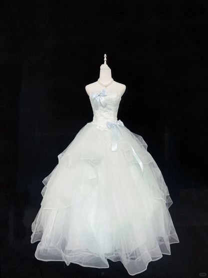 Light Blue Strapless Bow Teen Cinched Waist Voluminous Skirt Romantic Dress, Wedding Gown gh7906