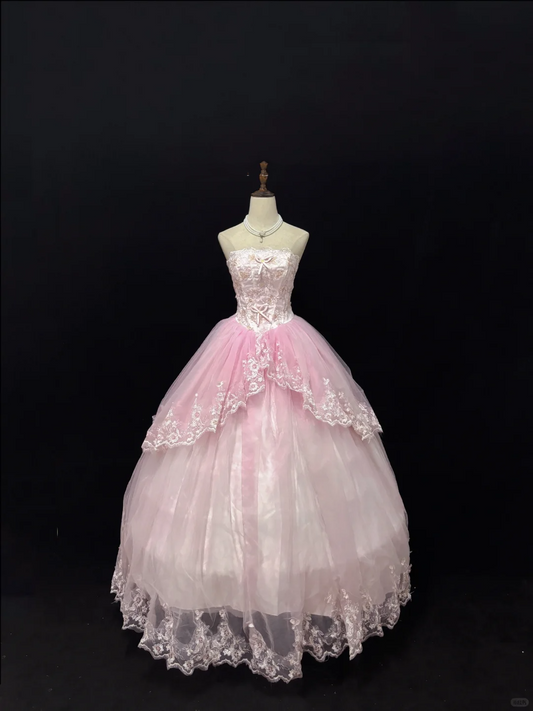 Blush Pink Strapless Romantic Bridal Gown, Embroidered Detail, Cinched Waist, Gradient Pink Voluminous Princess Skirt, Wedding Dress gh8131
