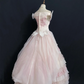 Blush Pink Off‑the‑Shoulder Romantic Wedding Dress, Cinched Waist, Embroidered Vintage Elegant Tiered Cake Skirt gh8307