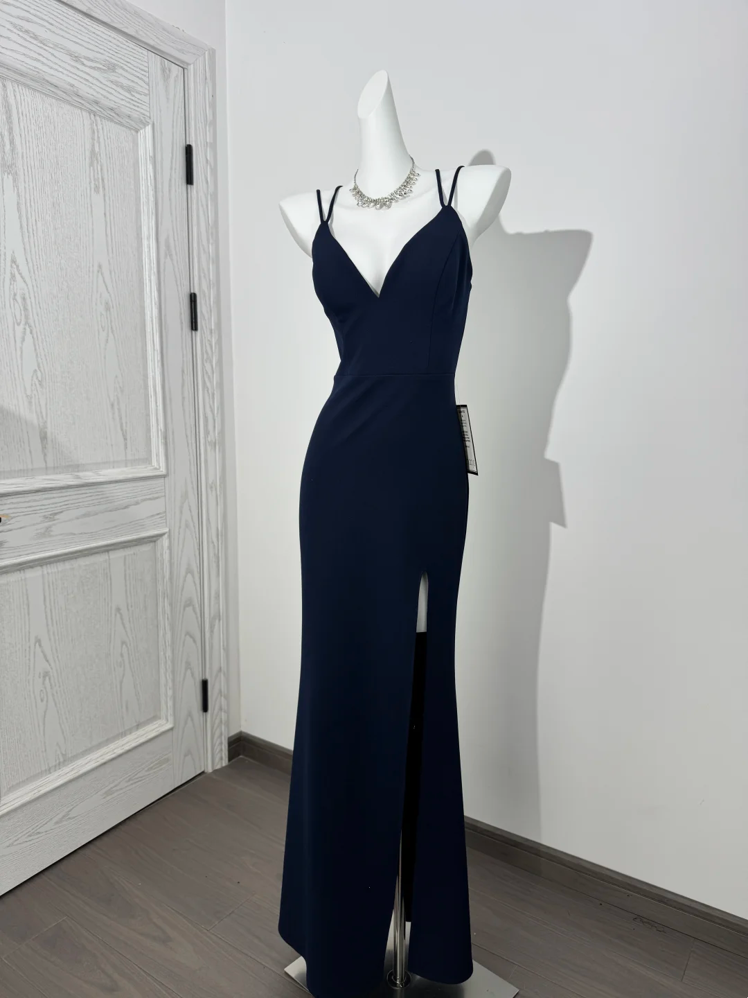 Navy Blue Spaghetti Strap V-Neck Fitted Waist Slim Slit Sexy Prom & Evening Dress gh7232