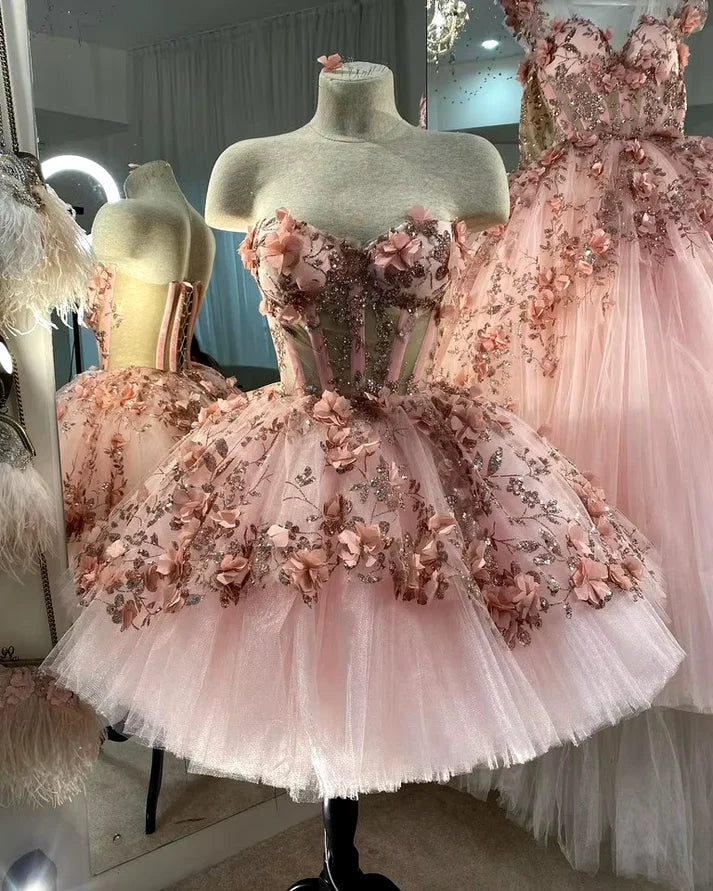 Pink Gorgeous Exquisite Beaded Floral Applique Short Homecoming Dress Evening Dress Prom Dress Handmade Flowers 14/16 Birthday Outfit Party Dress gh3307