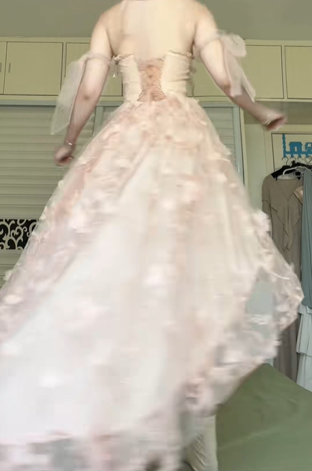 Blush Pink Spaghetti Strap High‑Low Prom Gown, Corset Bodice 3D Floral Appliqué Detachable Tulle Sleeve Formal Evening Dress gh8974