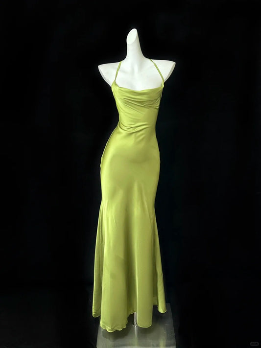 Robe de soirée élégante et sexy, dos nu, style sirène, verte, à bretelles, longue, slim, gh4054