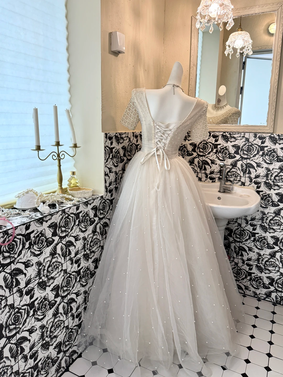 Ivory Beaded Bodice Waist-Cinched Full Flared Elegant Vintage Romantic Dress, Wedding Gown gh7592