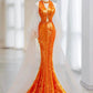 Orange Gorgeous Shiny Elegant Long Sleeve Tulle Long Sequin Mermaid Slim Ball Gown Evening Dress Party Dress gh3386