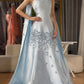 Robe de soirée longue en satin bleu magnifique et exquise avec des perles florales, robe de remise de diplôme gh3275