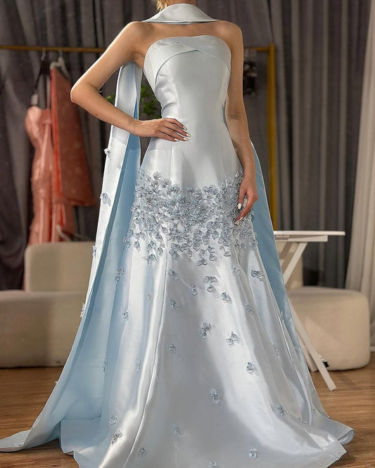 Blue gorgeous exquisite floral beaded long satin ball gown evening gown graduation dress gh3275