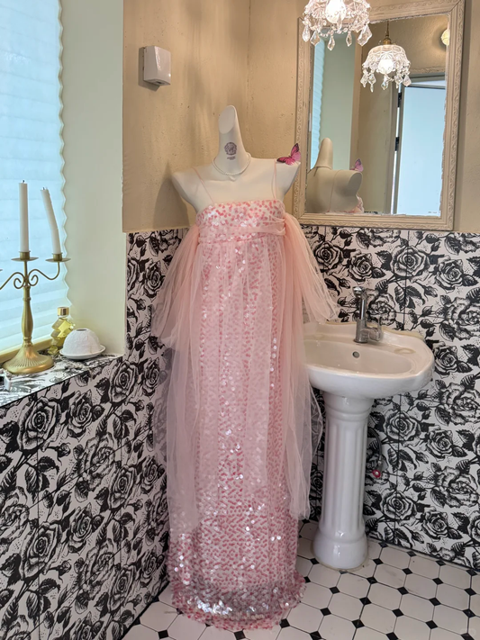 Light Pink Spaghetti Strap Sequin Straight Fit Long Vintage Romantic Dress, Wedding Gown gh7537