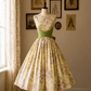 Pale Yellow Floral 1950s Vintage Midi Dress, Sleeveless Boat Neck Ruched Olive‑Green Waist Cummerbund Back Bow A‑Line Swing Skirt Party Gown gh9095