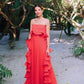 Red a-line ruffled long ball gown evening dress wedding guest party dress gh2951