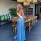 Blue sexy A-line spaghetti straps backless slit long elegant ball gown evening dress gh2911