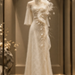 ✨Girlhomeshops-Elegant Ivory 3D Tulle Leaf Lace Qipao Bridal Evening Dress gh10331