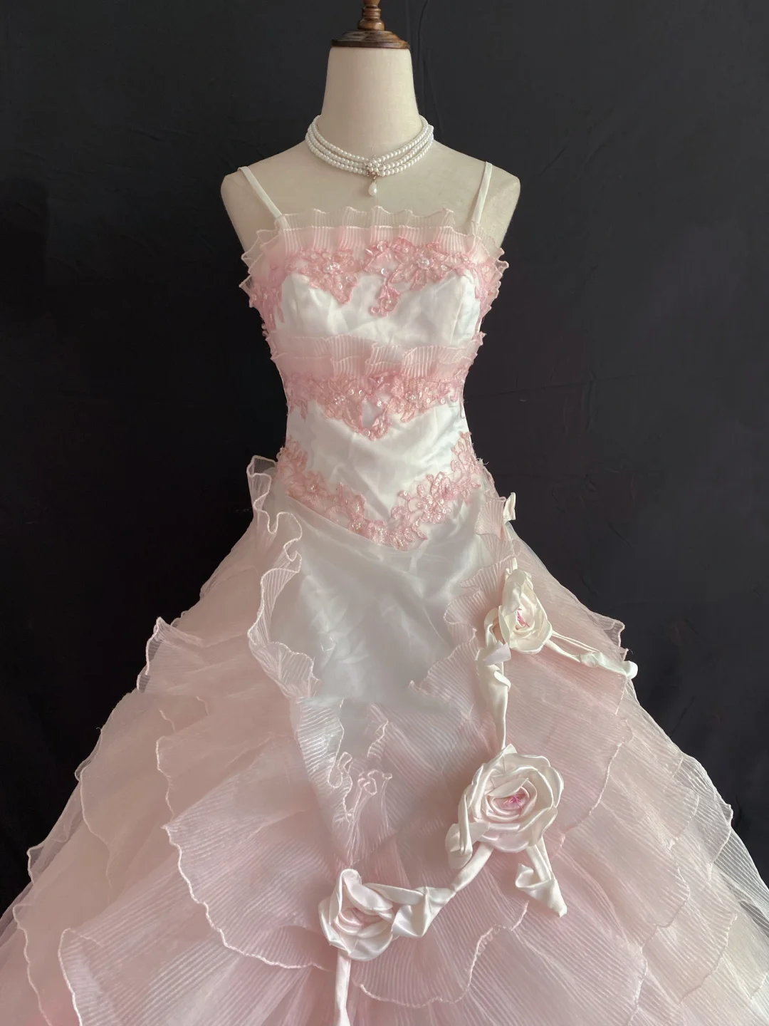 Blush Pink Spaghetti Strap Embroidered Romantic Gown, Cinched Waist, Vintage Classic Voluminous Princess Skirt, Wedding Dress & Bridal Gown gh8262