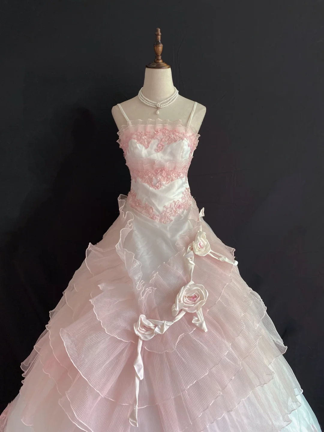 Blush Pink Spaghetti Strap Embroidered Romantic Gown, Cinched Waist, Vintage Classic Voluminous Princess Skirt, Wedding Dress & Bridal Gown gh8262