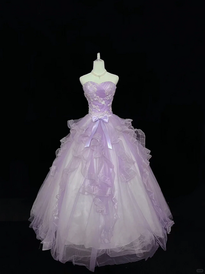 Lavender Strapless Cinched Waist Embroidered Voluminous Princess Skirt Long Romantic Dress, Wedding Gown gh7997