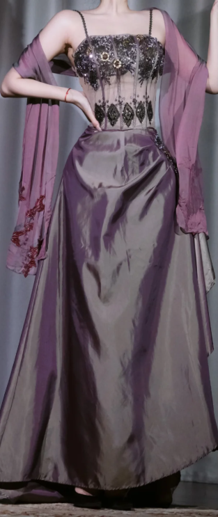Spaghetti Strap Dusty Purple Evening Dress, Beaded Corset Satin Gown with Embroidered Shawl gh9906
