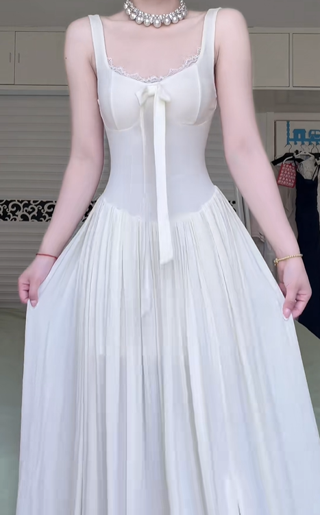 Ivory Square Neck Spaghetti Strap Long Evening Gown, Bow Tie Decor Pleated A‑Line Slit Skirt Formal Prom Dress gh8989