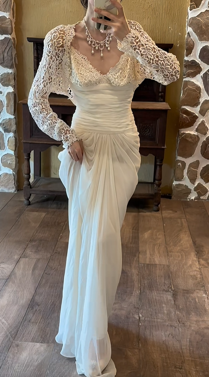 Ivory White Vintage Greek Wedding Gown, V‑Neck Lace Slip Dress With Detachable Hollow Lace Long‑Sleeve Bolero Ruched Waist Draped Chiffon Bridal Dress gh9079