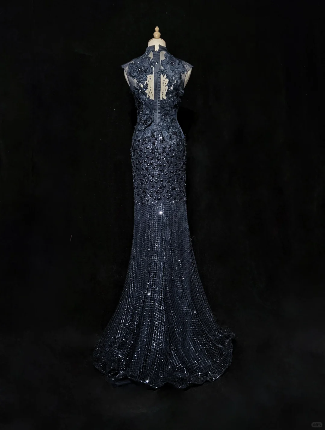 High Neck Navy Blue Mermaid Evening Gown Sleeveless Mesh 3D Floral Lace Sequined Formal Dress for Prom gh9537