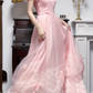Pink Vintage Square‑Neck Puff‑Sleeve Lace‑Trim Drawstring‑Bow‑Draped Ballgown Floor‑Length Evening Prom Gown gh8800