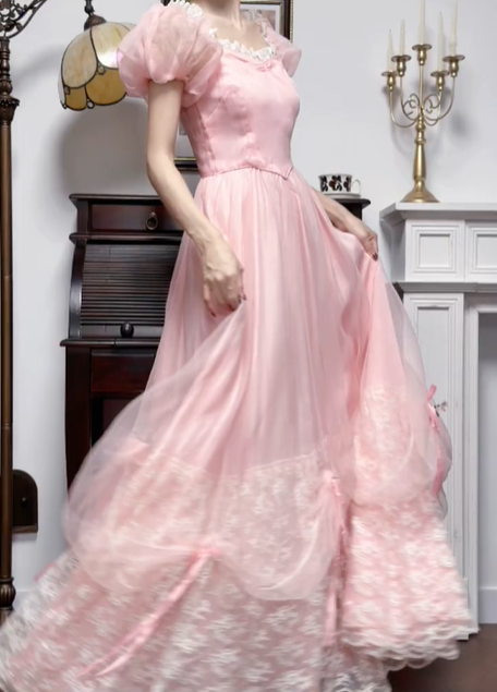 Pink Vintage Square‑Neck Puff‑Sleeve Lace‑Trim Drawstring‑Bow‑Draped Ballgown Floor‑Length Evening Prom Gown gh8800