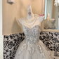 Ivory Gown With Silver Decorations, Waist-Cinched Full Flared Skirt Romantic Dress, Wedding Gown gh7654