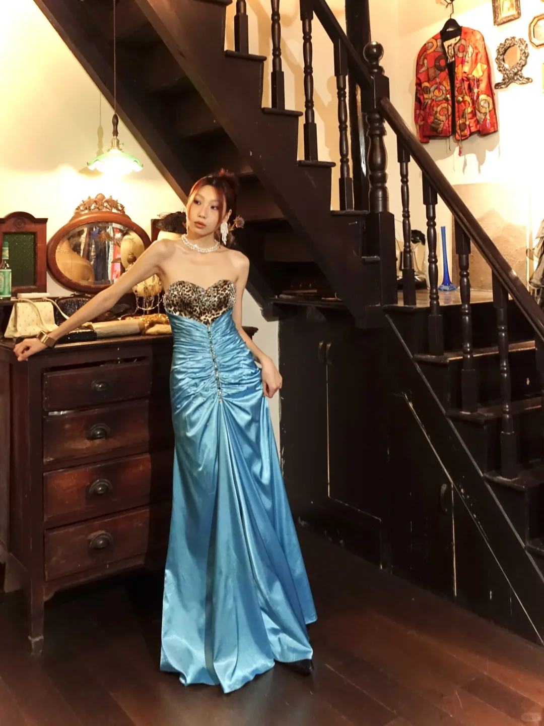 Lake Blue Satin Strapless Long Evening Gown Leopard Sequin Sweetheart Prom Dress gh9865