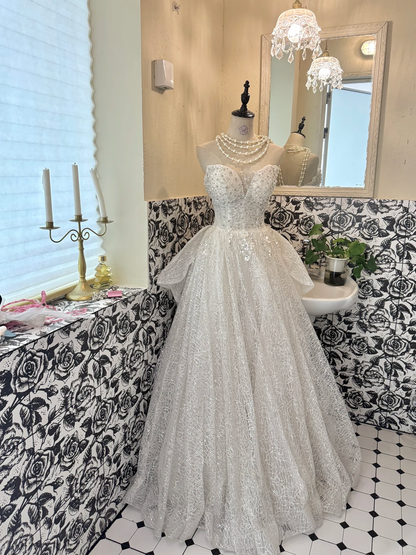 Ivory Strapless Waist-Cinched Rhinestone Voluminous Full Flared Skirt Romantic Dress, Wedding Gown gh7664