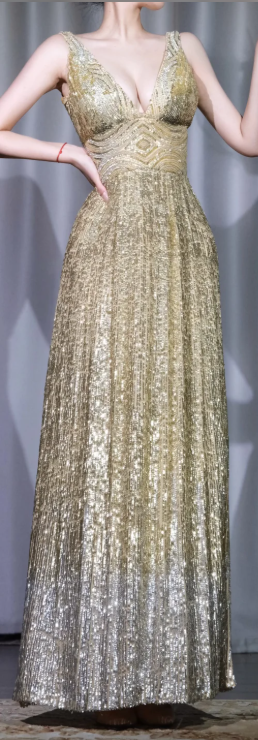 ✨Girlhomeshops-Deep V Beaded Sequin Prom Dress, Ombre Gold Silver A Line Long Evening Gown gh9930