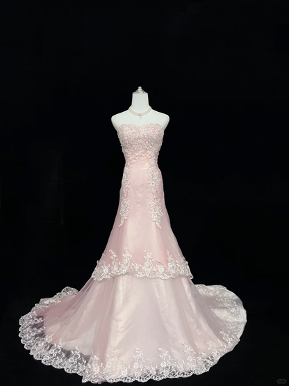 Blush Pink Strapless, Cinched Waist, Slim Fit Embroidered Sexy Mermaid Skirt Long Romantic Dress, Wedding Gown gh8044