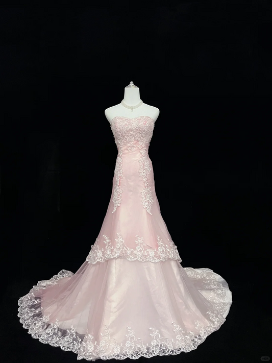 Blush Pink Strapless, Cinched Waist, Slim Fit Embroidered Sexy Mermaid Skirt Long Romantic Dress, Wedding Gown gh8044