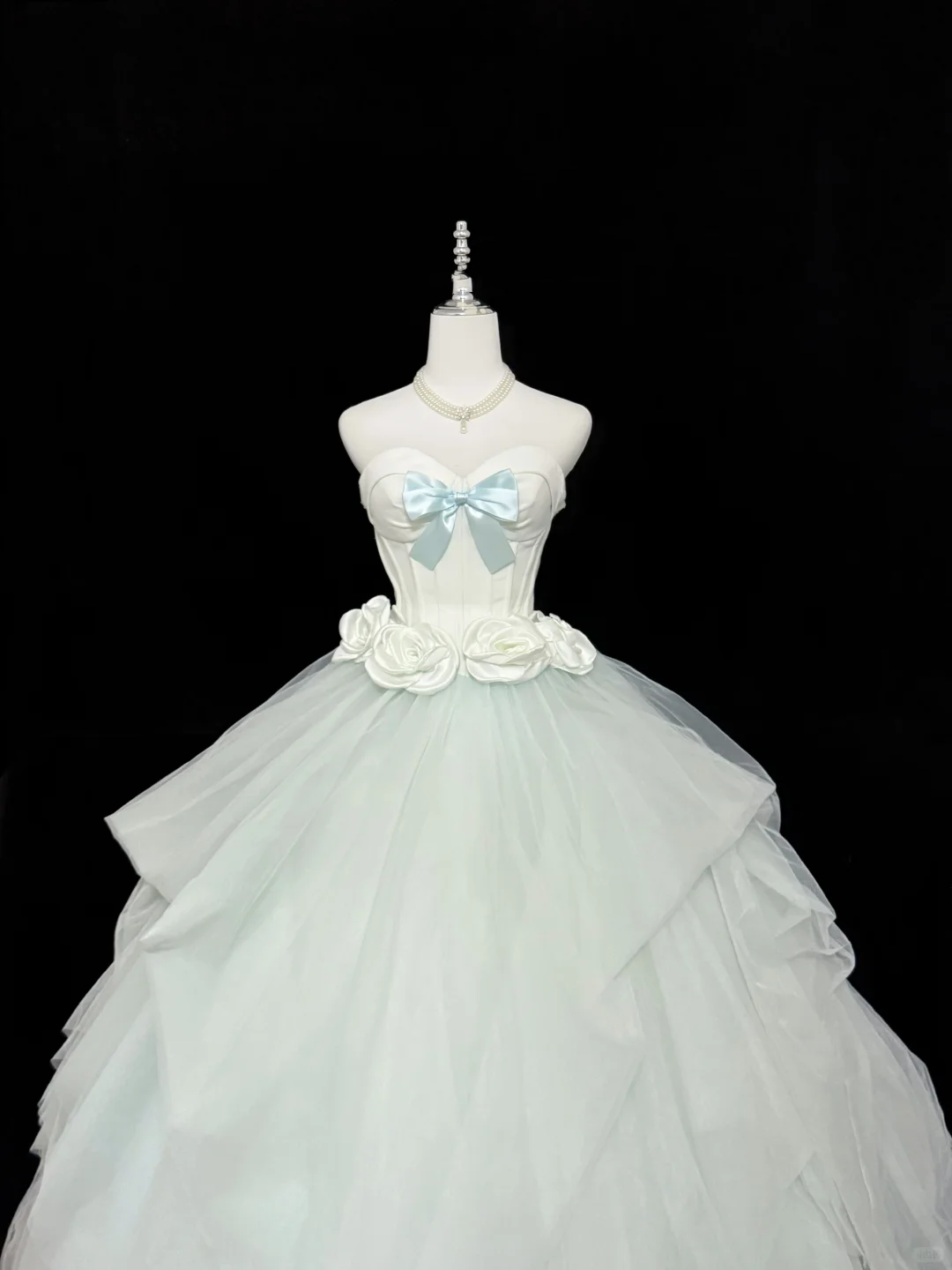 Mint Green Strapless Cinched Waist Bow Voluminous Princess Skirt Romantic Dress, Wedding Gown gh7908