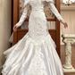 Ivory Vintage Satin Wedding Gown, Cape‑Style Off‑the‑Shoulder Lace Collar, Long Lace Appliqué Sleeves, Fitted Mermaid Silhouette, Lace Trimmed Long Train, Bridal Prom Dress gh8720